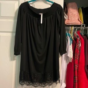 ASOS black off the shoulder dress with lace trim